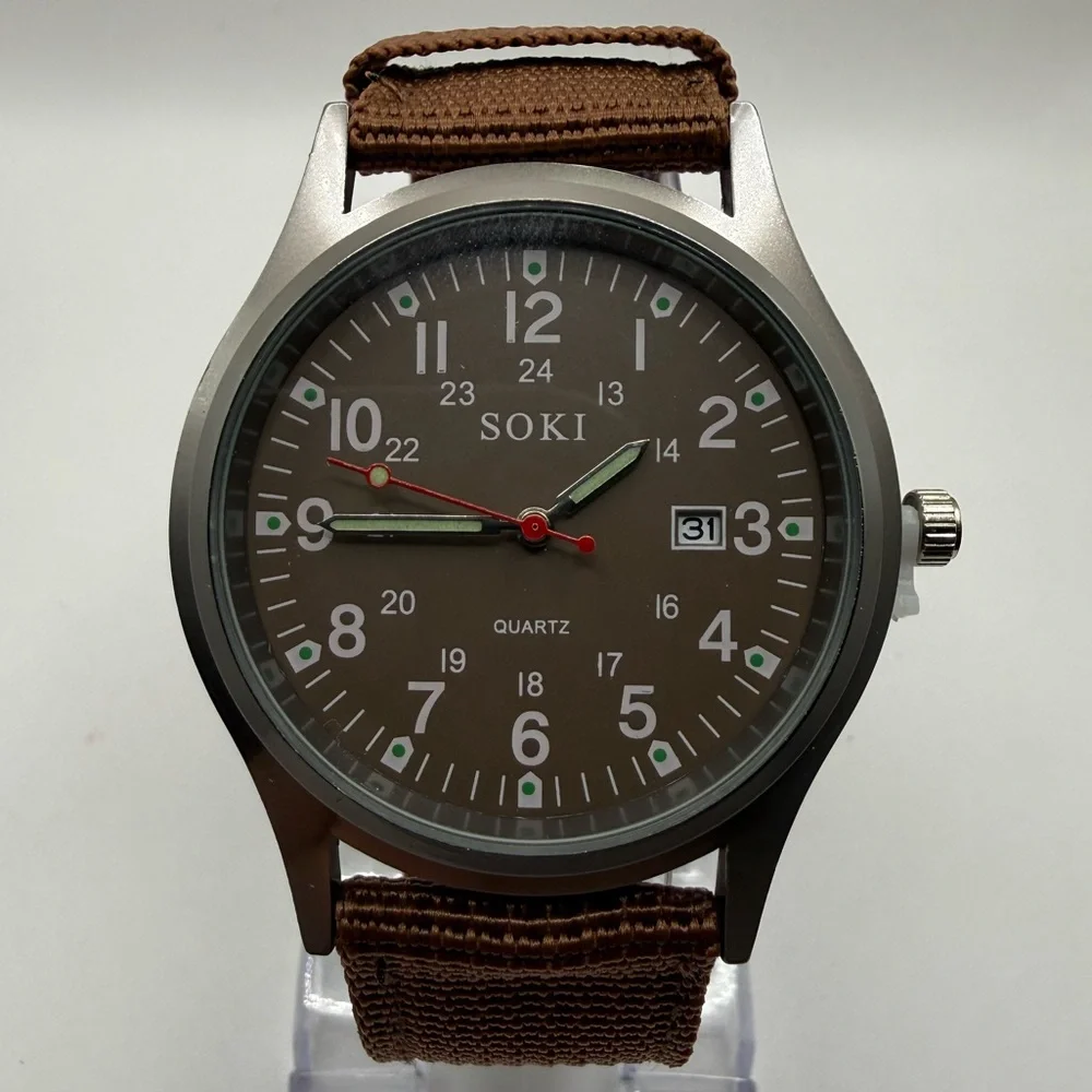 New Soki Canvas Brown Belt, Military Watch, Date Display, Men's (New Battery)
